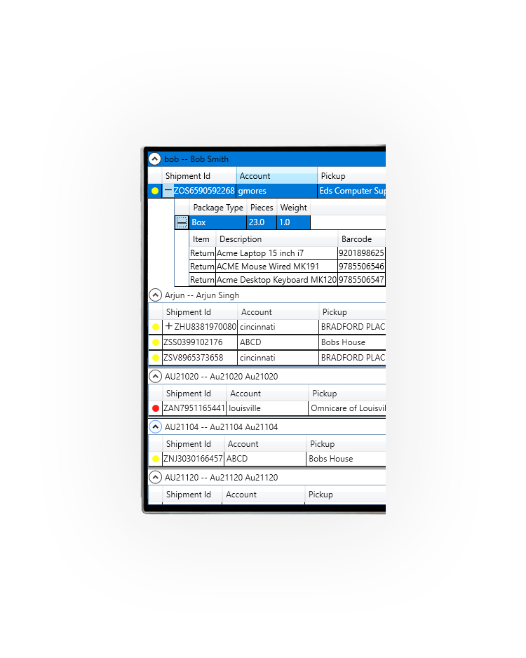 Dispatch screen showing inventory of a shipment