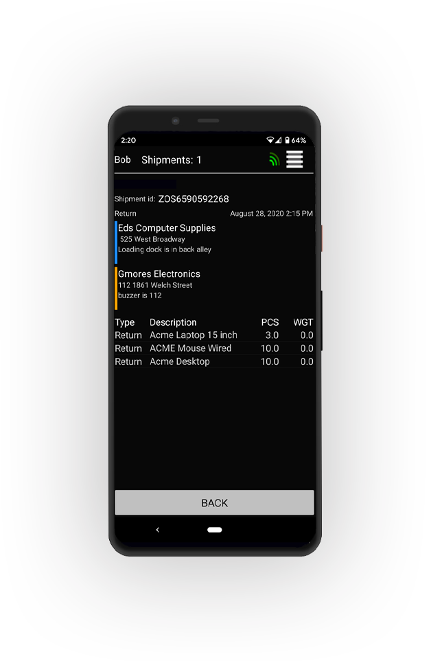 Driver App scanning inventory