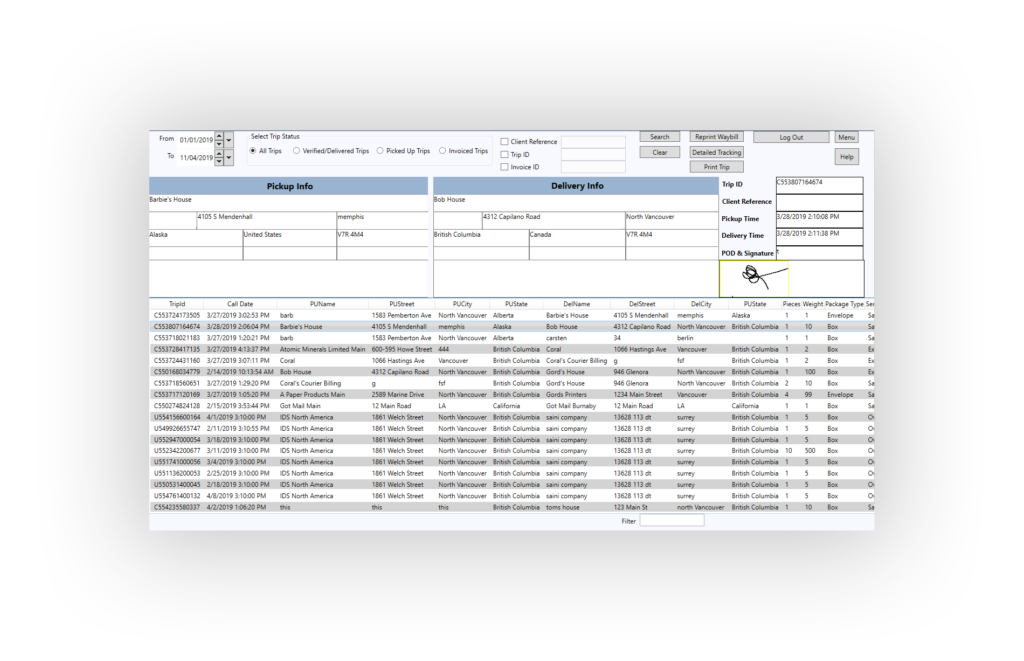 Search Screen in Shipping Portal for Dispatch Software